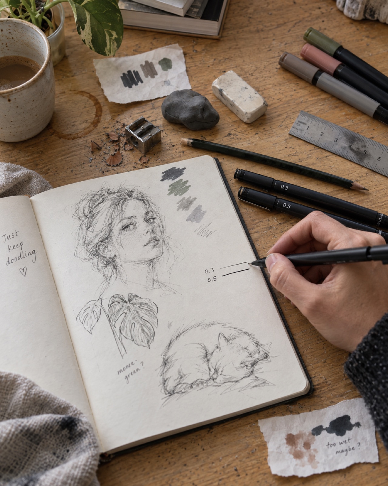 Doodling pens and beginner drawing materials Doodling tools with 0.3 and 0.5 fineliners, graphite pencil, erasers, markers, and sketchbook | Sky Rye Design Doodling tools with 0.3 and 0.5 fineliners, graphite pencil, erasers, markers, and sketchbook