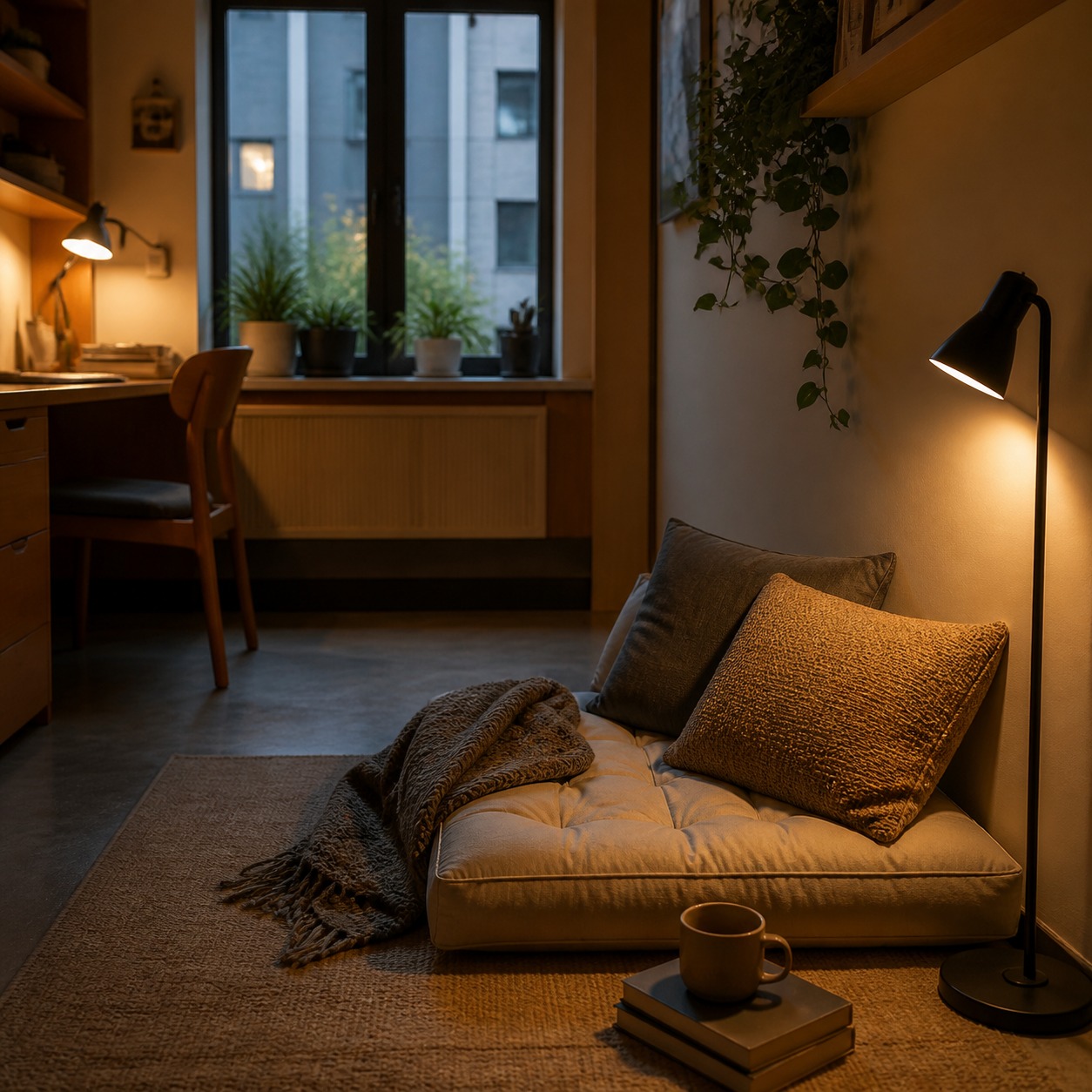 Dorm room reset corner with reading lamp Compact dorm reset corner with a floor cushion and small reading lamp. | Sky Rye Design Compact dorm reset corner with a floor cushion and small reading lamp.