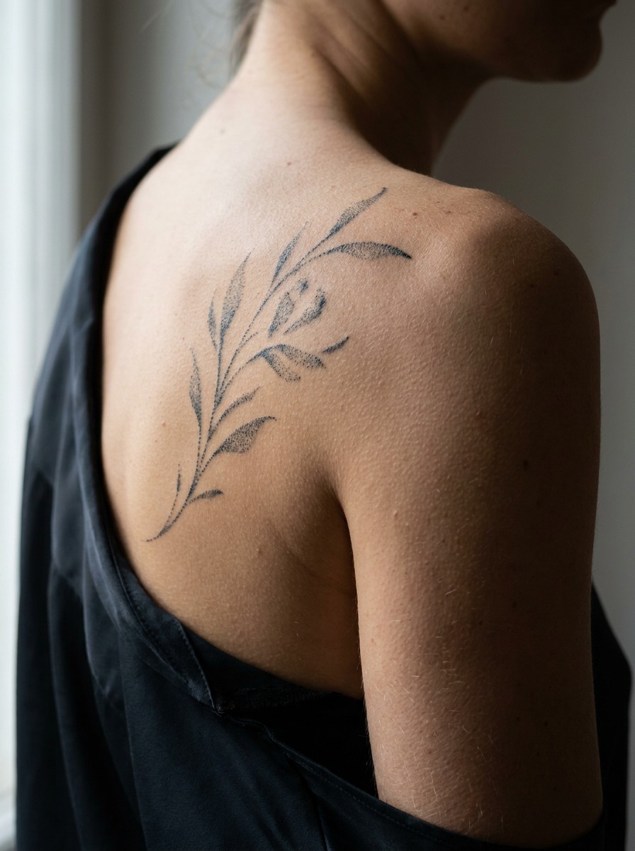 Macro view of fine dotwork shading on a healed shoulder blade tattoo