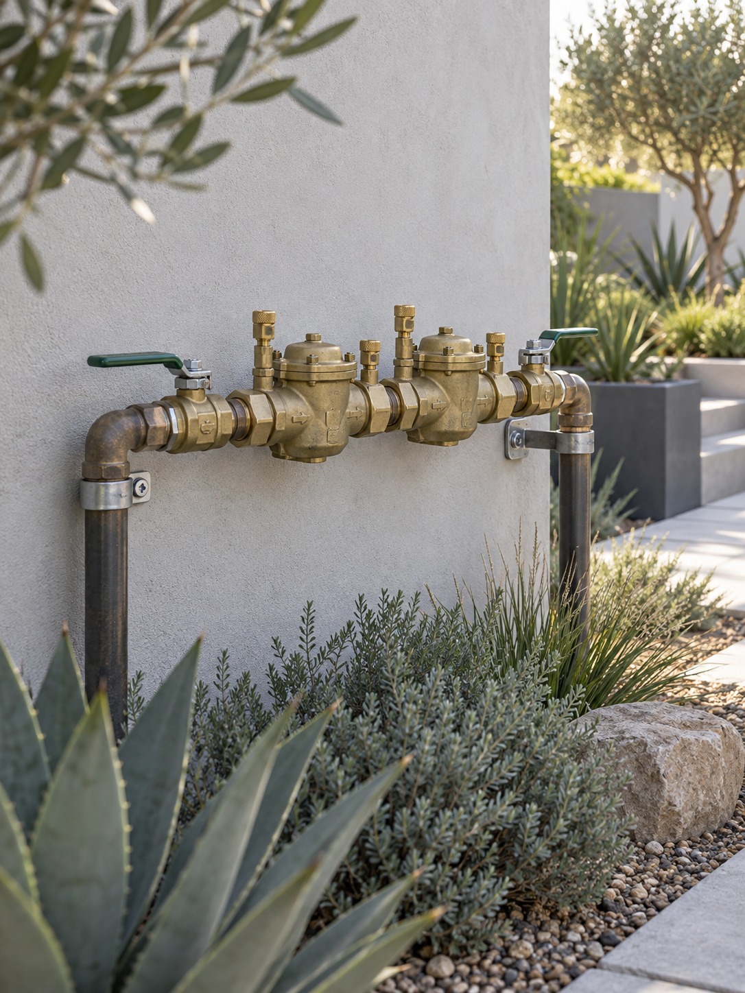 Double check valve assembly installed neatly beside a contemporary garden wall