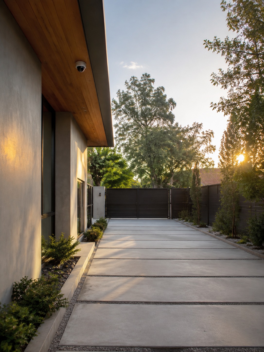 Driveway camera sightlines A modern driveway with clear sightlines from an eave-mounted camera toward a clean entry gate. | Sky Rye Design A modern driveway with clear sightlines from an eave-mounted camera toward a clean entry gate.