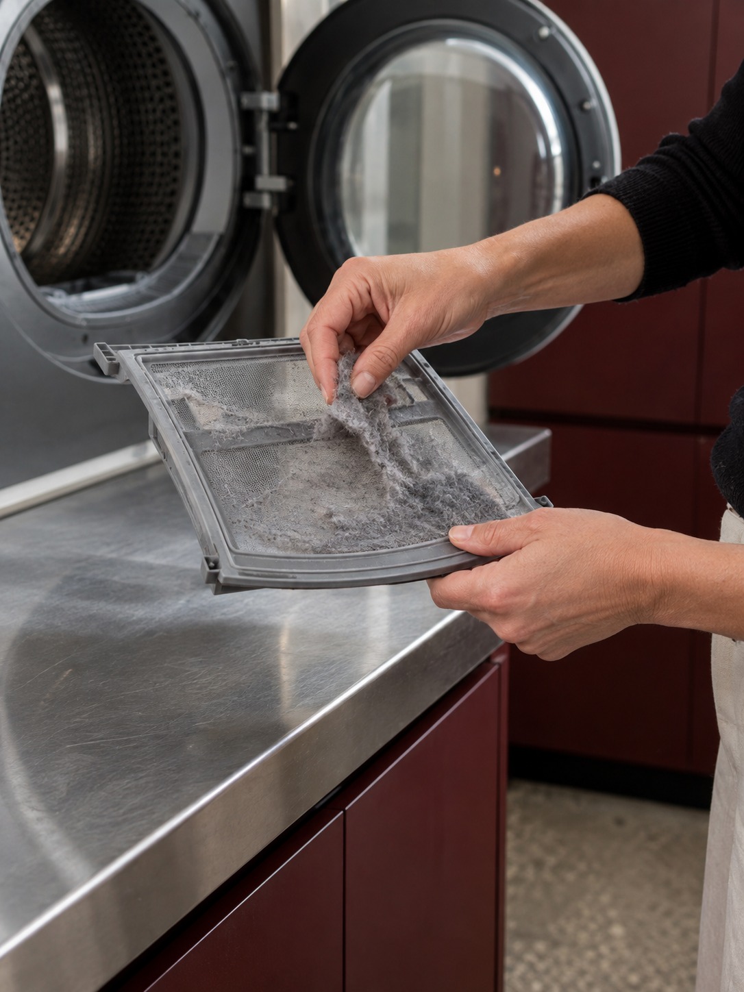 Cleaning the dryer filter Hands lifting lint from a removable dryer filter on a steel counter | Sky Rye Design Hands lifting lint from a removable dryer filter on a steel counter