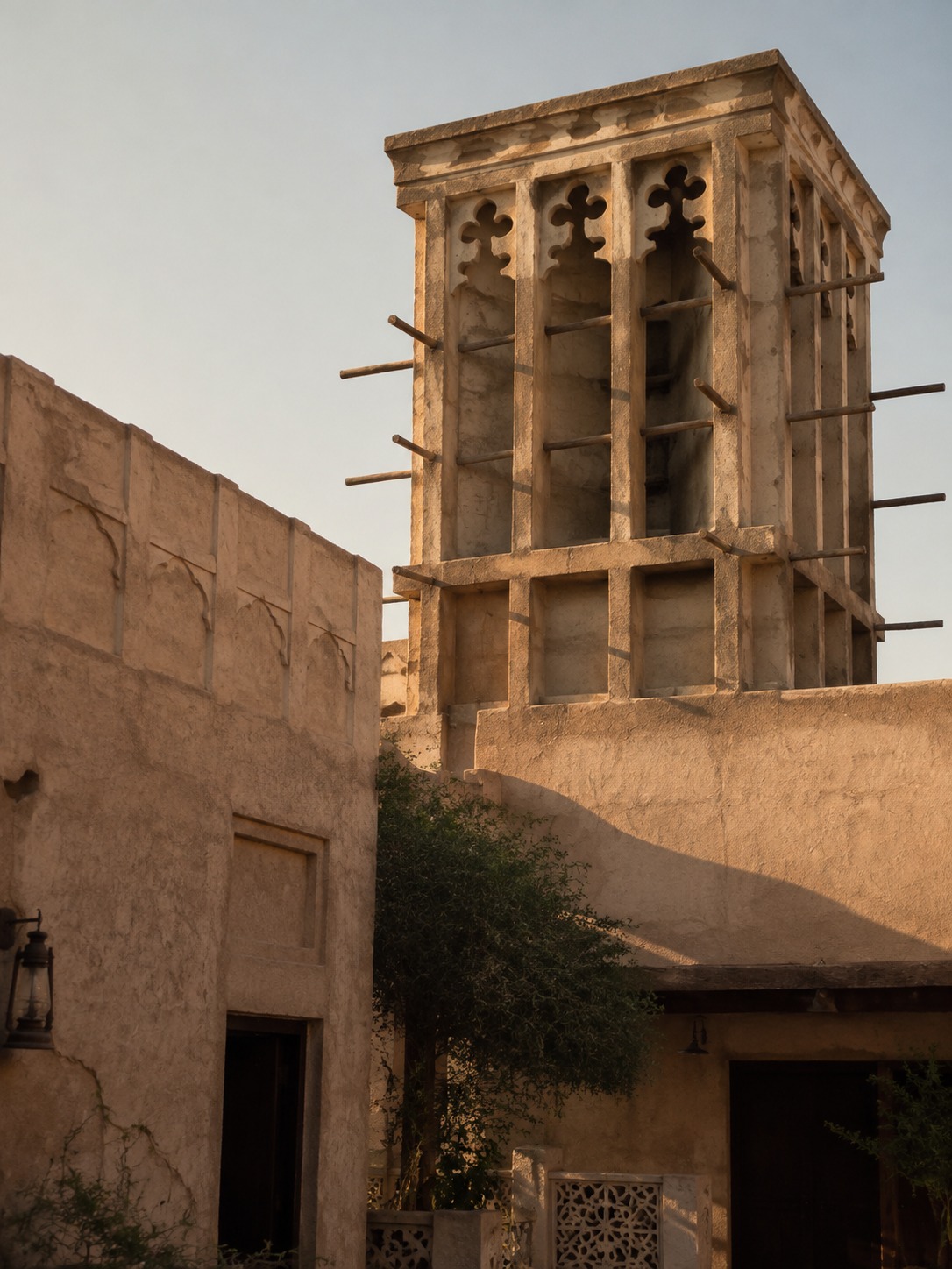Traditional barjeel wind tower rising above a coral-stone Dubai courtyard at golden hour.