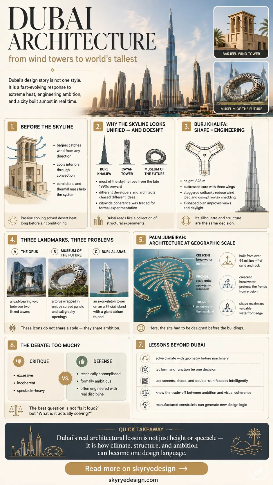 Infographic summarizing Dubai architectural evolution and engineering, from traditional wind towers to modern supertalls