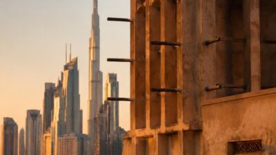 Traditional barjeel wind tower in front of the modern Dubai skyline at golden hour.
