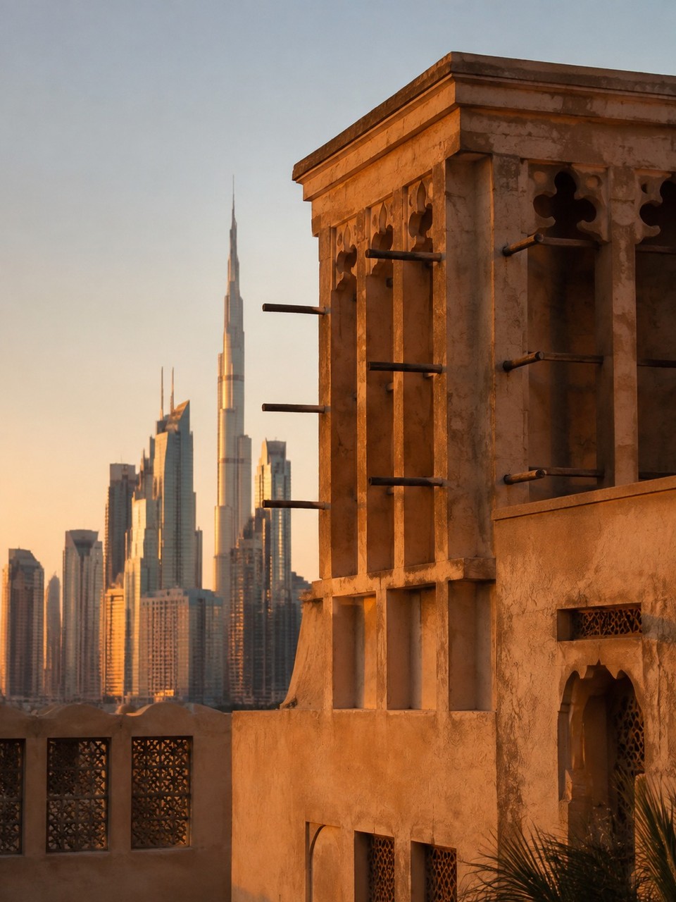 Traditional barjeel wind tower in front of the modern Dubai skyline at golden hour.