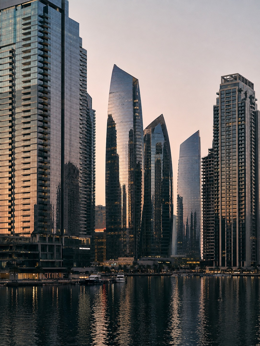 Dubai Marina glass towers reflecting across the water in evening light.