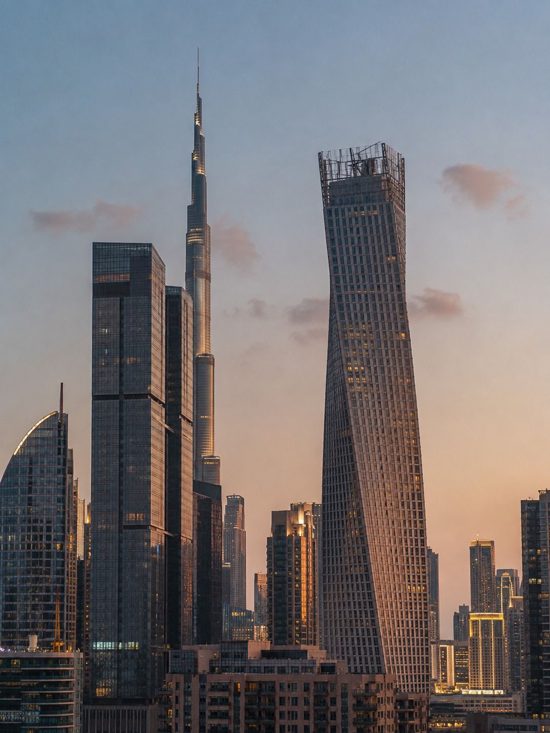Dubai skyline at dusk with Burj Khalifa, Cayan Tower, and varied glass high-rises.