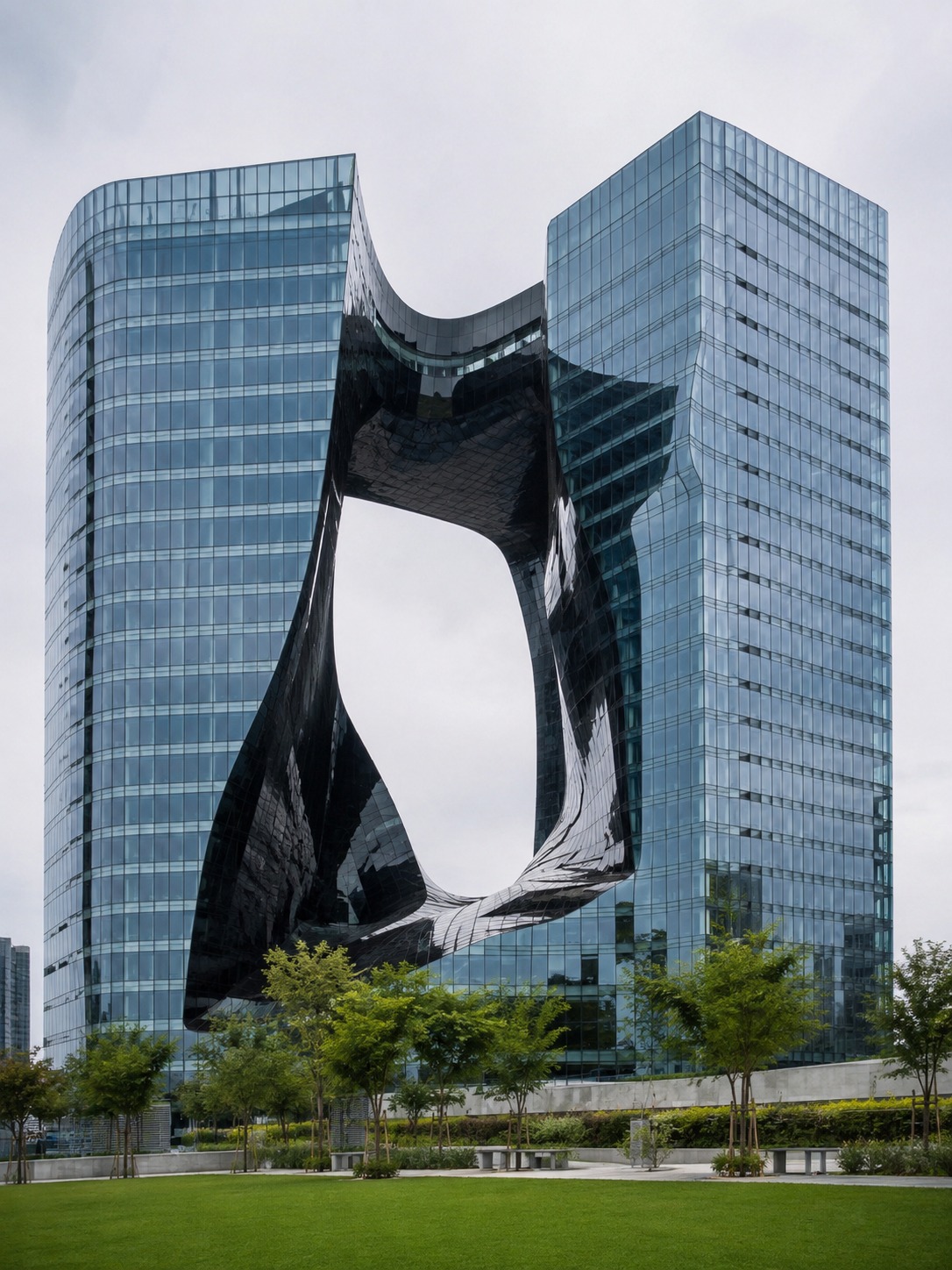 The Opus twin towers in Dubai with the fluid central void visible between them.