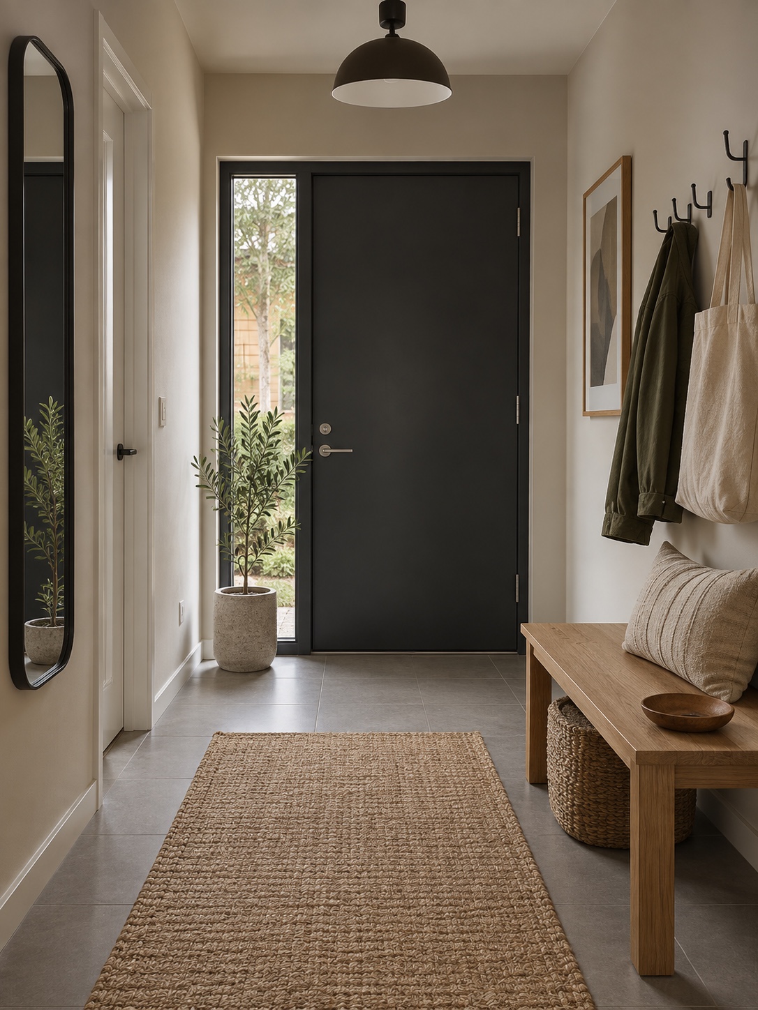 Modern rental entryway with a matte front door, matching hardware and a simple bench