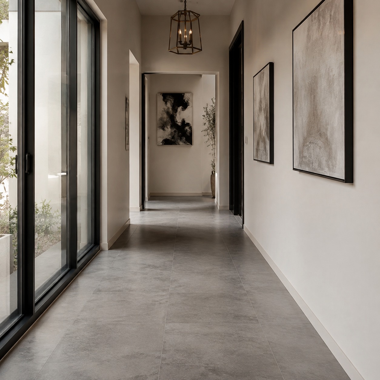 Durable Porcelain Tile Hallway Flooring A modern hallway with durable porcelain tile flooring and simple framed wall art. | Sky Rye Design A modern hallway with durable porcelain tile flooring and simple framed wall art.