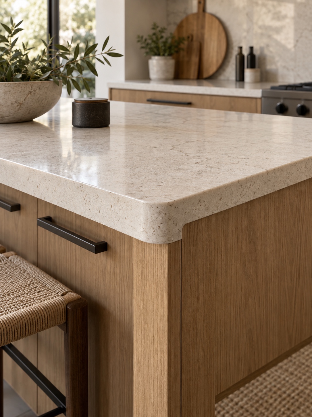 Modern rental kitchen island with engineered stone edge and consistent cabinet hardware