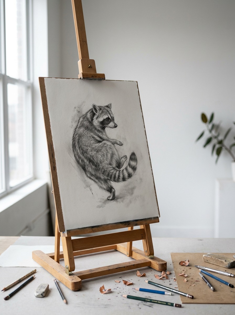 Finished graphite raccoon drawing with shifted weight and a turned head
