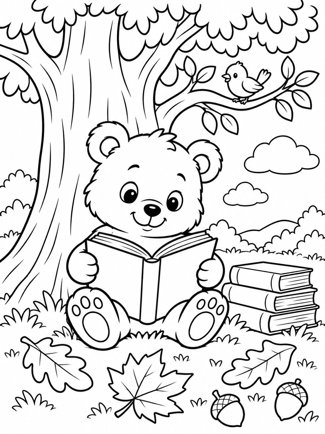 Easy Bear Reading Coloring Page with Background Easy coloring page of a bear reading beneath a tree with books, leaves, acorns, clouds and a bird | Sky Rye Design Easy coloring page of a bear reading beneath a tree with books, leaves, acorns, clouds and a bird