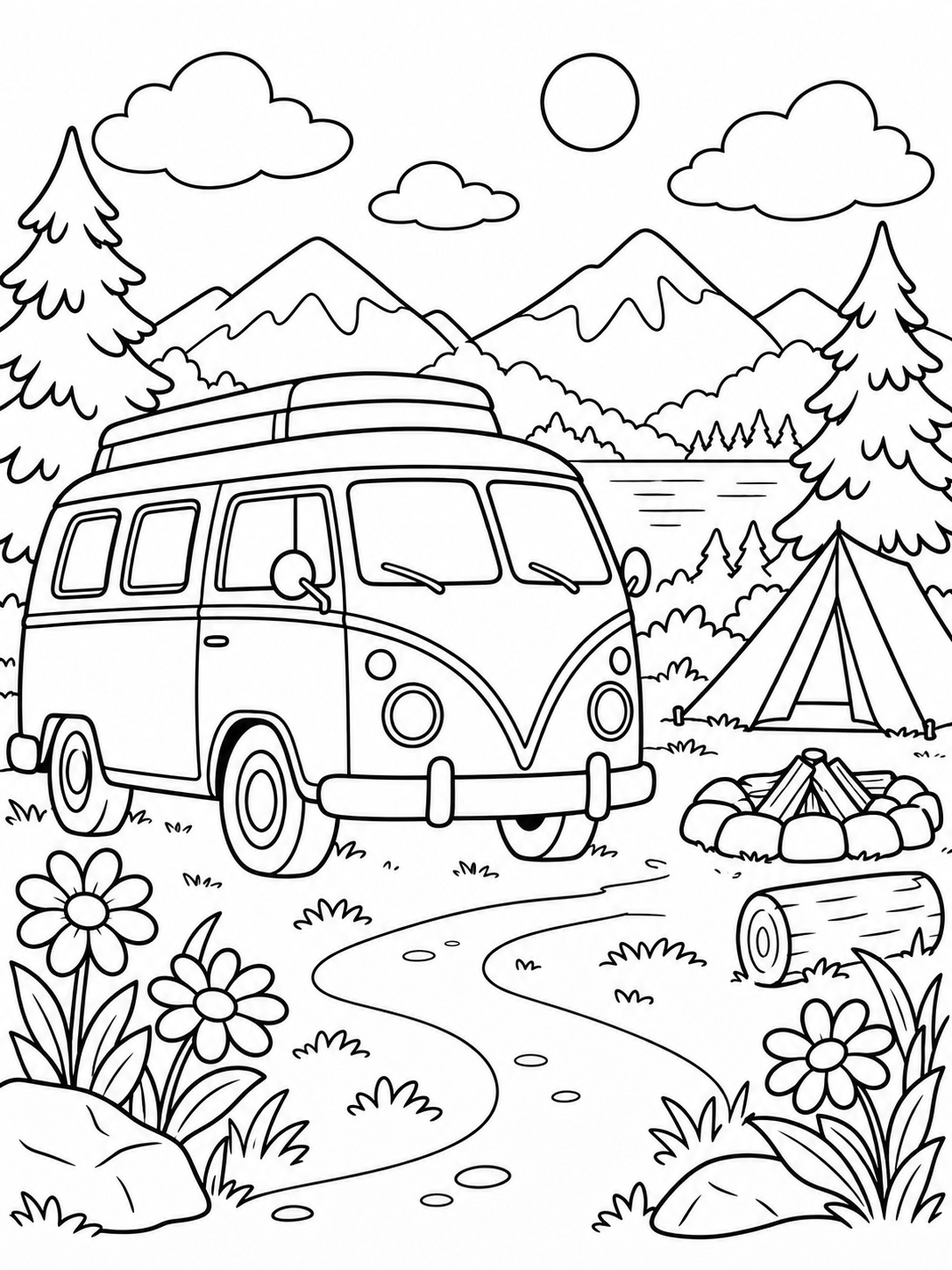 Easy Camper Coloring Page with Mountain Background Easy coloring page of a camper van at a mountain campsite with pine trees, a tent, campfire and flowers | Sky Rye Design Easy coloring page of a camper van at a mountain campsite with pine trees, a tent, campfire and flowers