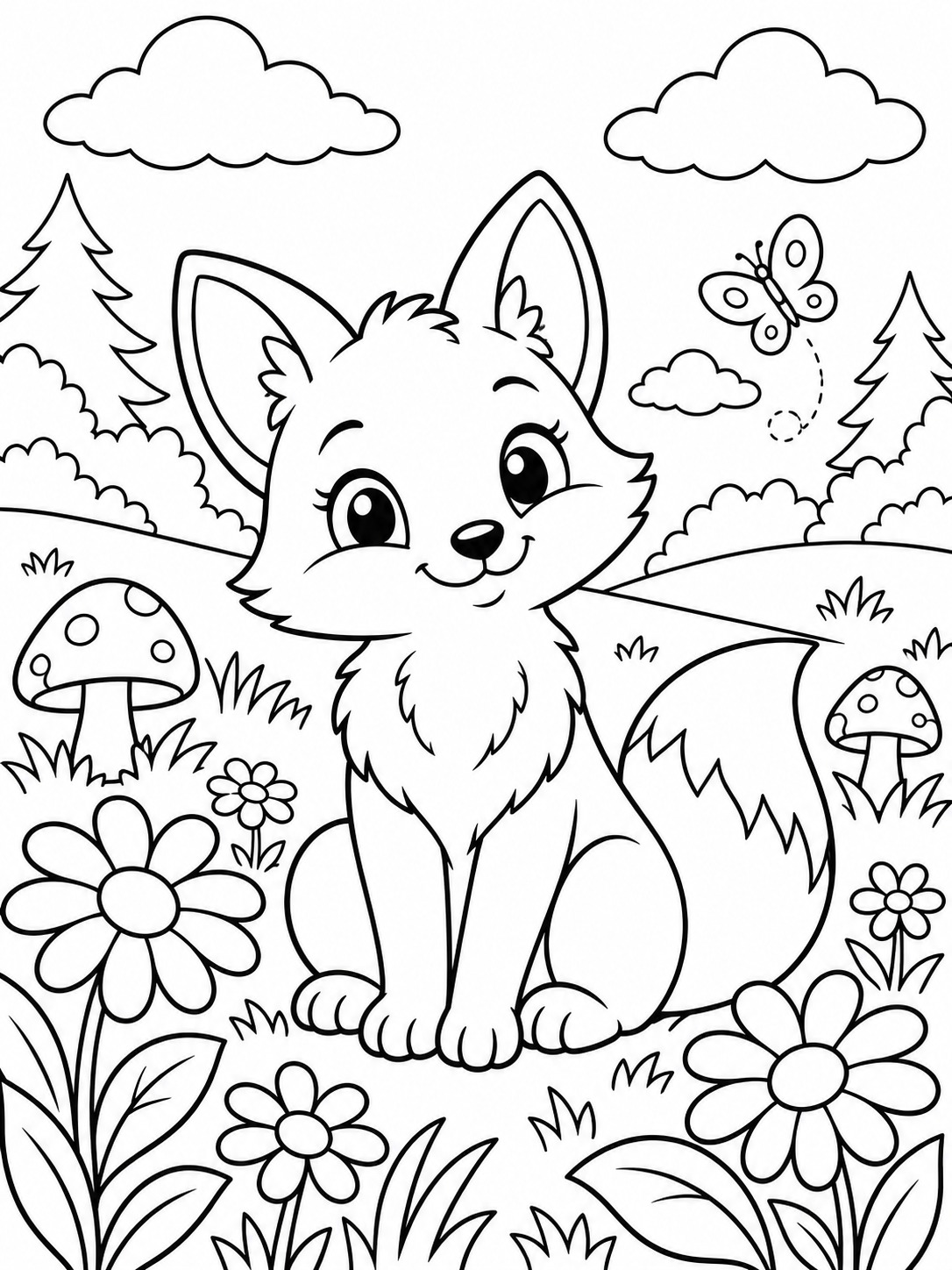 Easy Fox Coloring Page with Woodland Background Easy coloring page of a fox in a flower meadow with mushrooms, trees, clouds and a butterfly | Sky Rye Design Easy coloring page of a fox in a flower meadow with mushrooms, trees, clouds and a butterfly