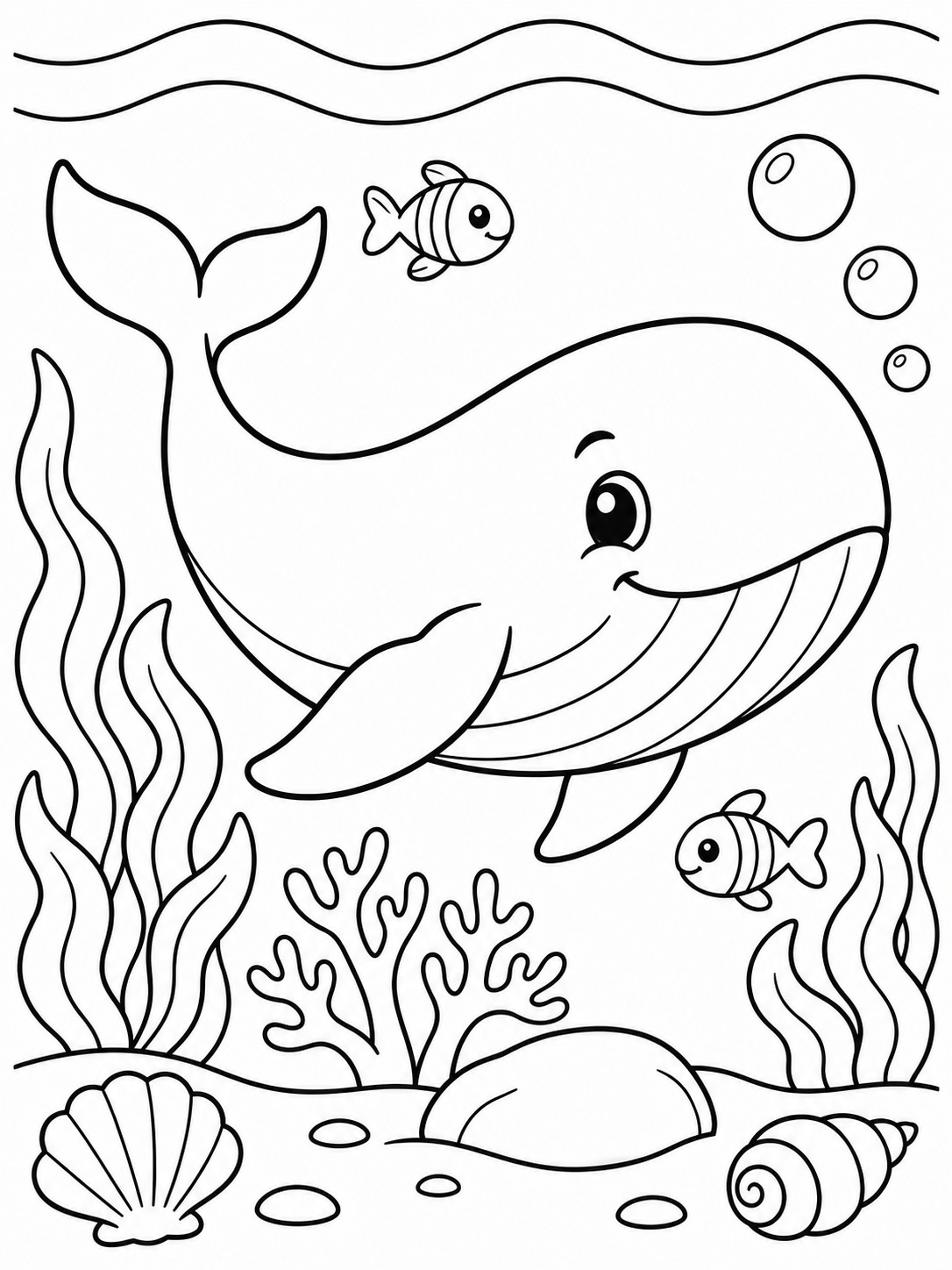 Easy Whale Coloring Page with Underwater Background Easy coloring page of a smiling whale with fish, coral, seaweed, bubbles, rocks and shells | Sky Rye Design Easy coloring page of a smiling whale with fish, coral, seaweed, bubbles, rocks and shells