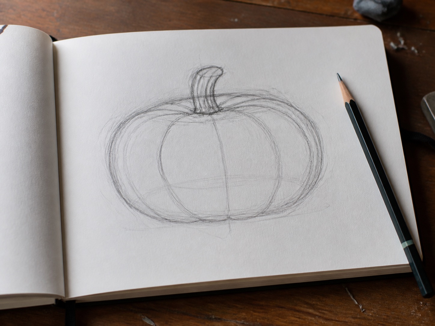 Easy pumpkin drawing sketchbook study Easy pumpkin drawing sketchbook study with construction lines, curved ribs, and graphite pencil on paper. | Sky Rye Design Easy pumpkin drawing sketchbook study with construction lines, curved ribs, and graphite pencil on paper.