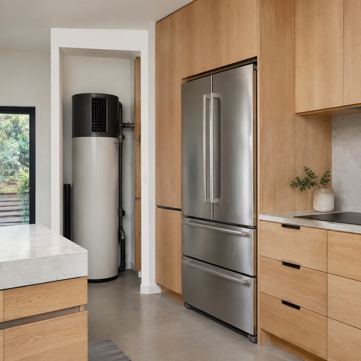 Efficient Kitchen With Heat Pump Water Heater Modern kitchen with an efficient refrigerator and a heat pump water heater nearby. | Sky Rye Design Modern kitchen with an efficient refrigerator and a heat pump water heater nearby.