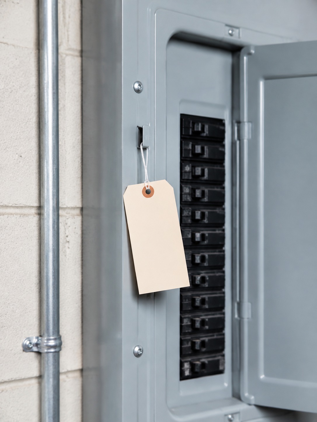 municipal inspection tag attached to a newly completed electrical panel