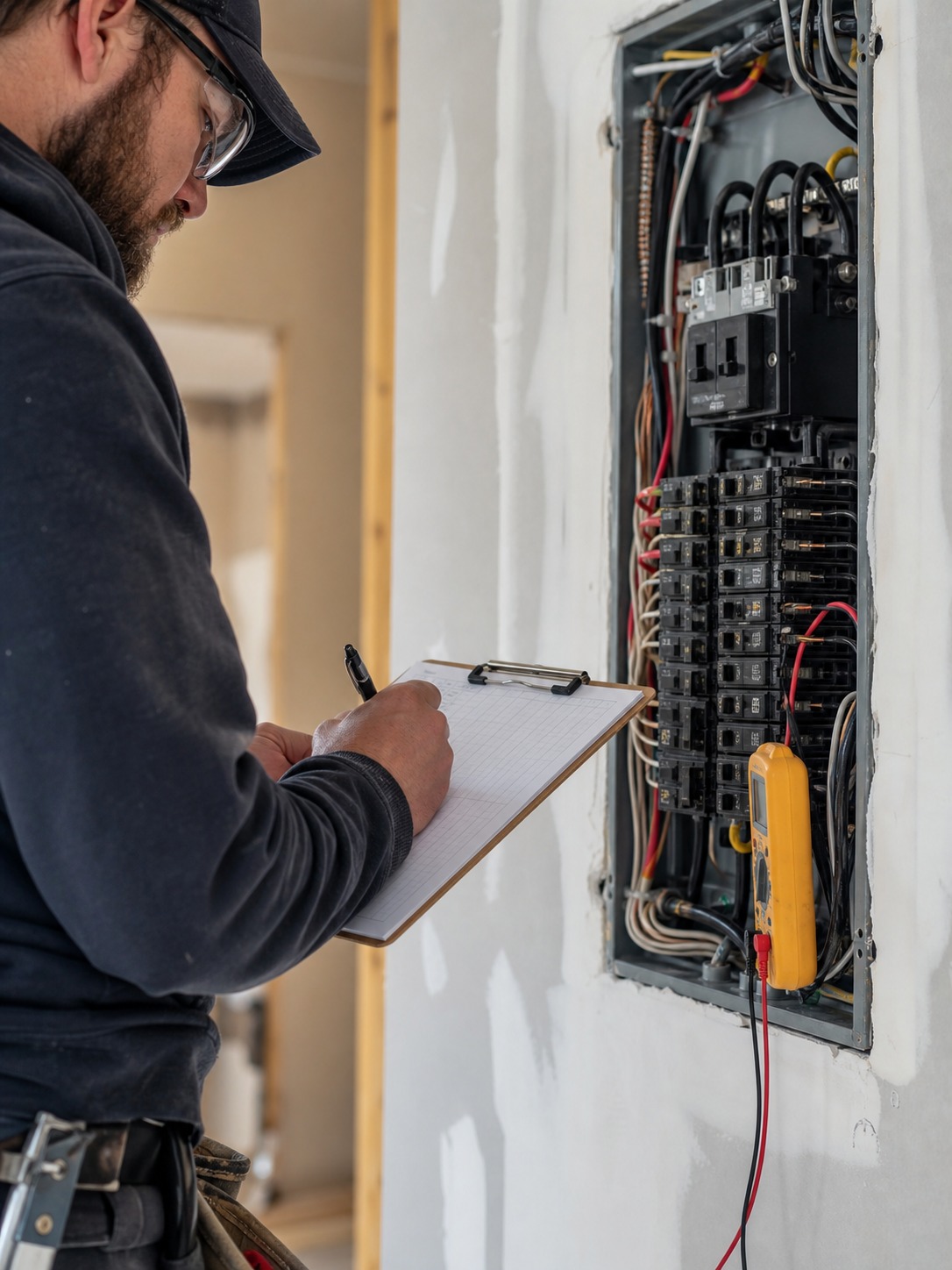 electrician performing a load calculation at an open electrical panel