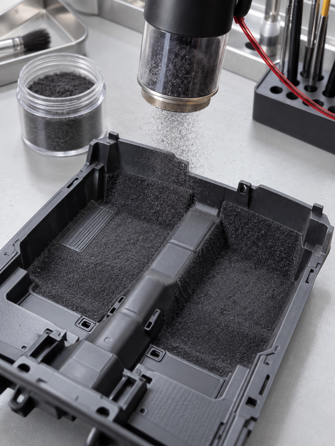 Electrostatic flocking for model car carpet Electrostatic flocking device applying fine carpet fibers to a model car floor pan | Sky Rye Design Electrostatic flocking device applying fine carpet fibers to a model car floor pan