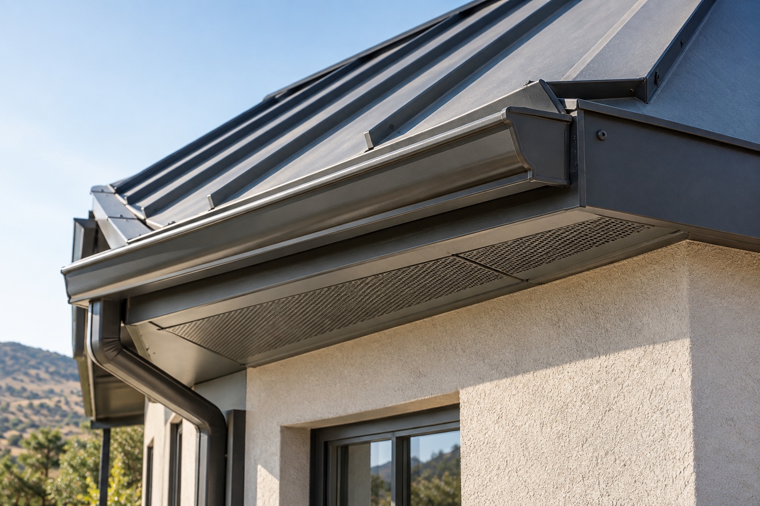 Standing-seam metal roof with a closed eave, ember-resistant soffit vent, flashing and a clean gutter