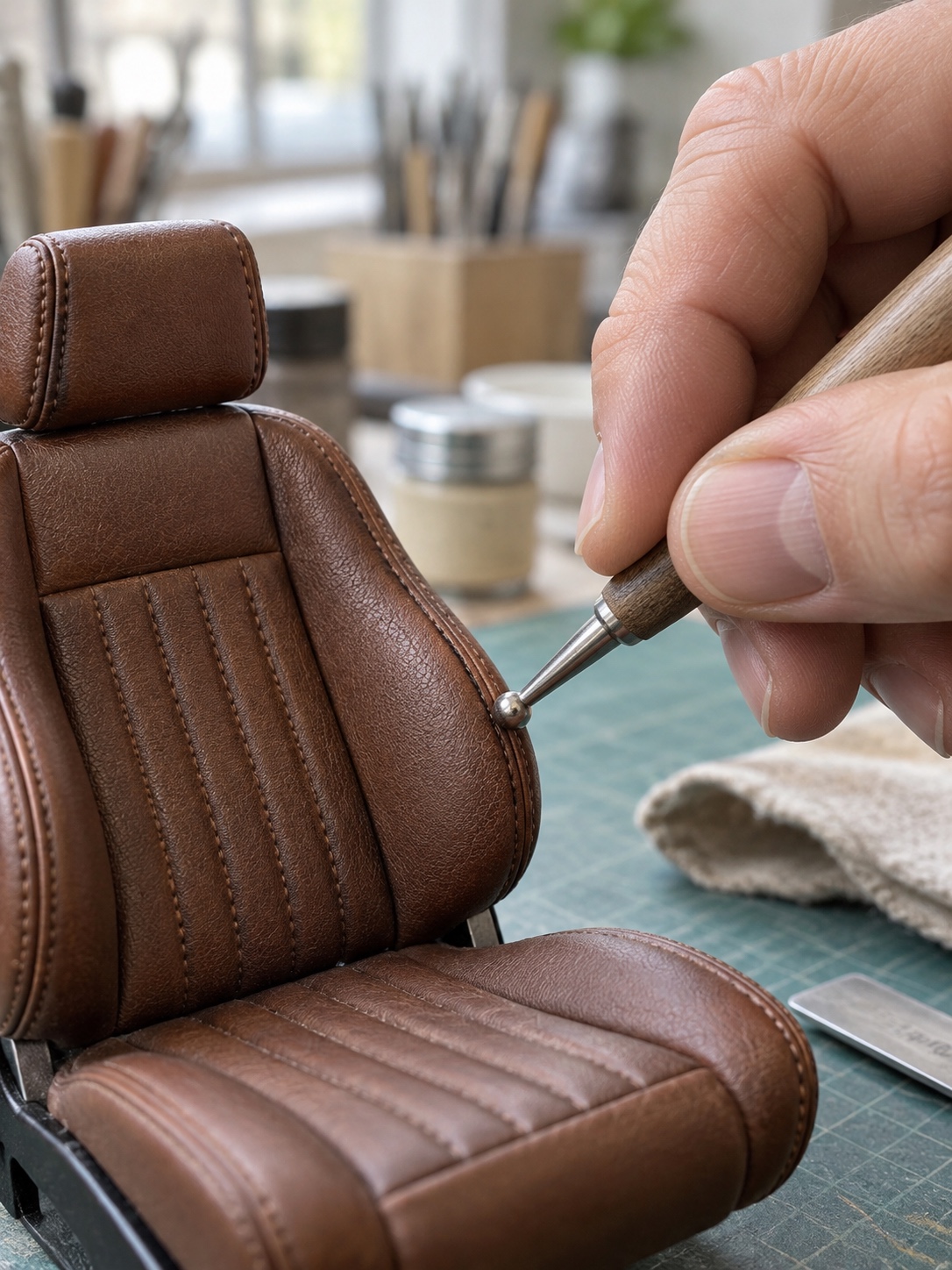 Embossing scale-correct stitch lines Modelmaker pressing stitch lines into miniature leather with a burnishing tool | Sky Rye Design Modelmaker pressing stitch lines into miniature leather with a burnishing tool
