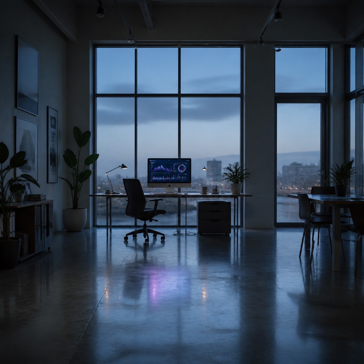 Empty modern design studio at morning with a glowing dashboard monitor