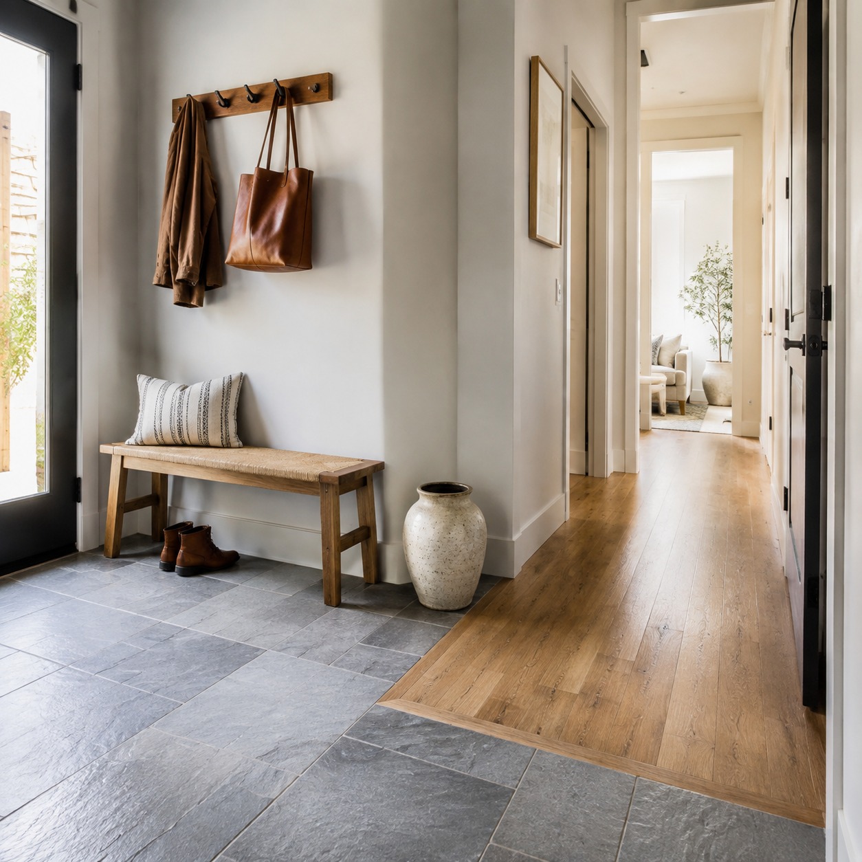Entryway Tile to Hardwood Floor Transition A bright entryway where grey tile flooring transitions into warm hardwood. | Sky Rye Design A bright entryway where grey tile flooring transitions into warm hardwood.