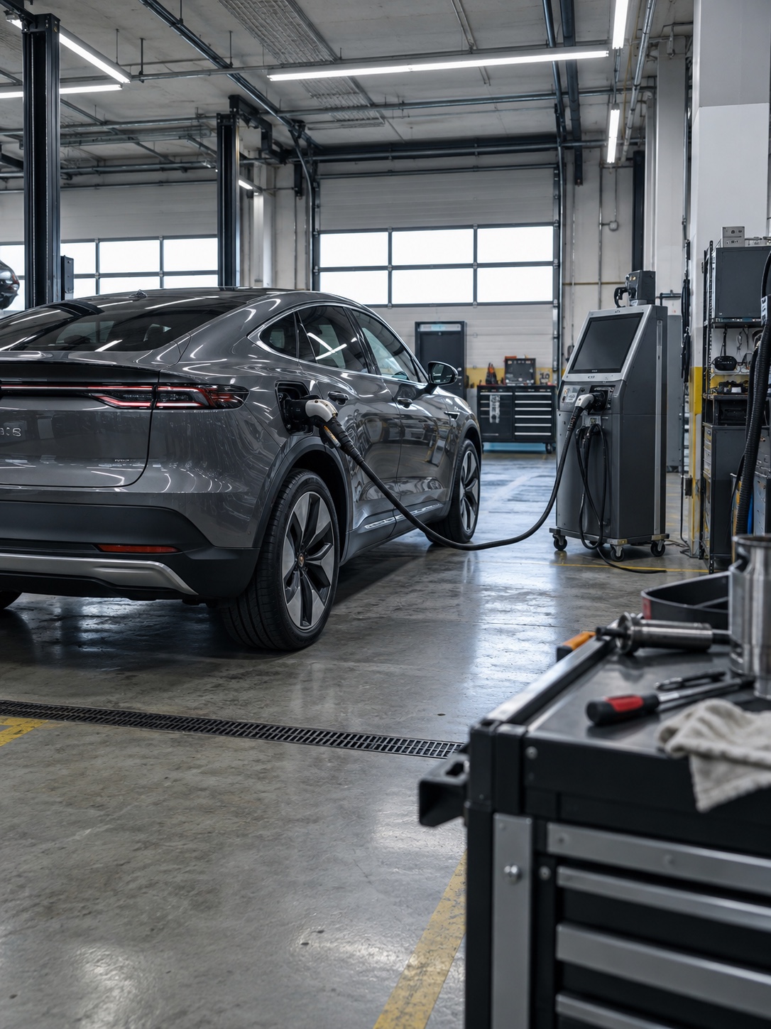 EV Diagnostic Service Bay Electric vehicle connected to a diagnostic terminal in a modern service bay | Sky Rye Design Electric vehicle connected to a diagnostic terminal in a modern service bay