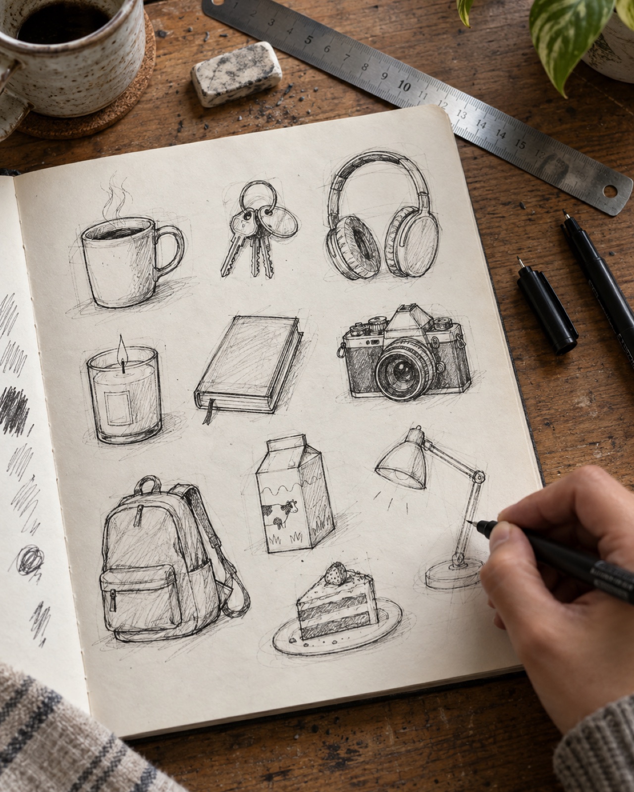 Everyday object doodle drawing ideas Sketchbook page with hand-drawn objects: mug, keys, headphones, camera, candle, notebook, backpack, bottle, lamp, and cake beside a wooden desk. | Sky Rye Design Everyday object doodle drawing ideas with a mug, keys, headphones, camera, backpack, book, and lamp