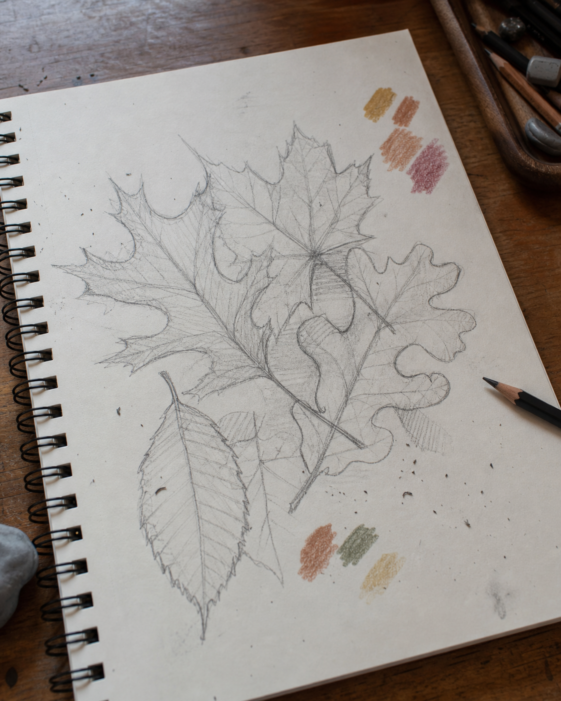 Generated autumn leaves sketchbook drawing Autumn leaves drawing idea on a real sketchbook page with maple and oak leaf guide lines and color swatches. | Sky Rye Design Autumn leaves drawing idea on a real sketchbook page with maple and oak leaf guide lines and color swatches.