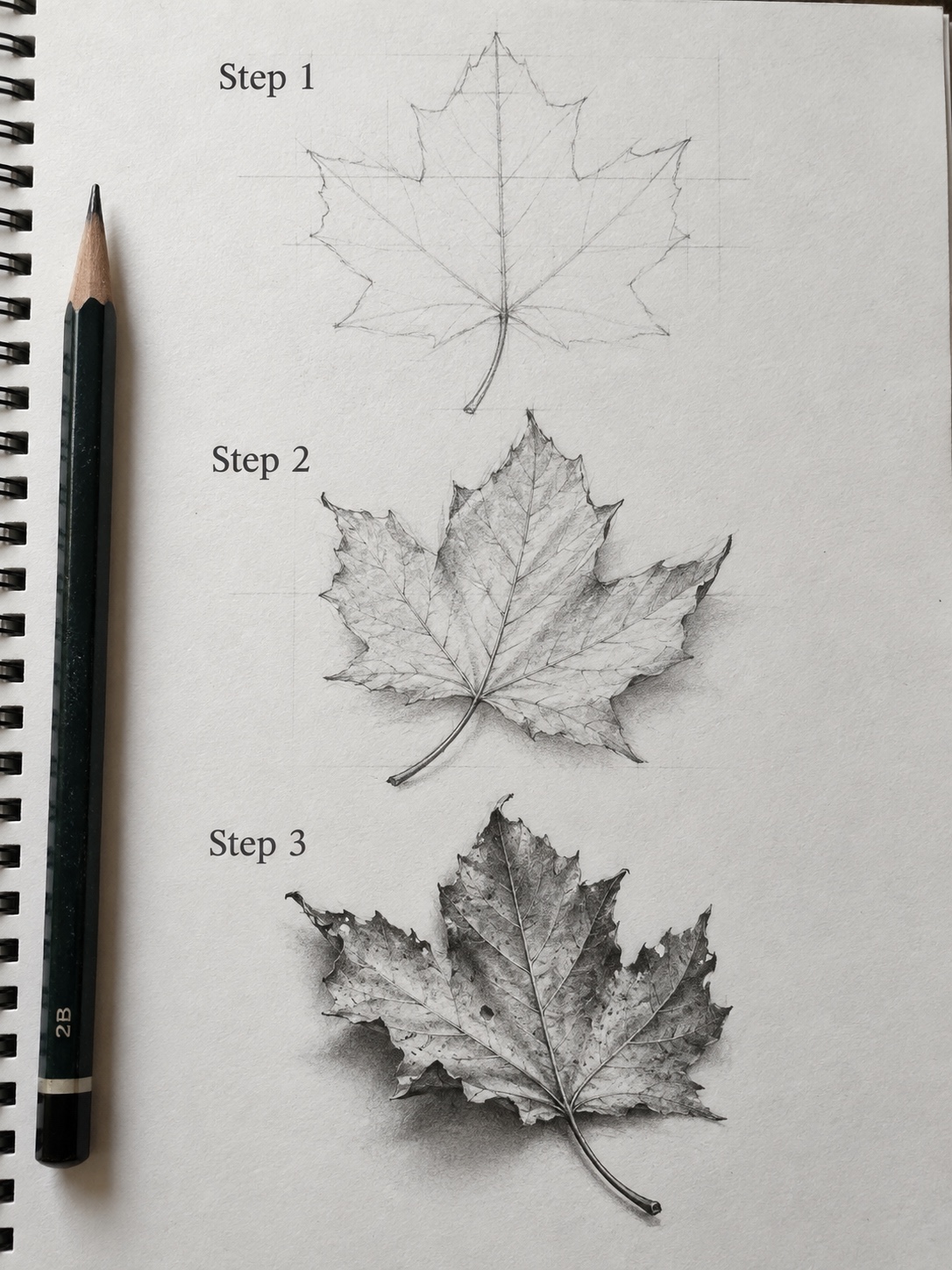 Autumn Maple Leaf Pencil Drawing Tutorial in 3 Steps Three-step realistic pencil drawing tutorial showing how to draw an autumn maple leaf with veins, texture, and graphite shading. | Sky Rye Design Three-step realistic pencil drawing tutorial showing how to draw an autumn maple leaf with veins, texture, and graphite shading.