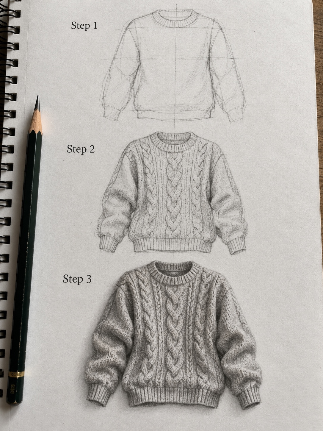 Cozy Cable-Knit Sweater Pencil Drawing Tutorial in 3 Steps Three-step realistic pencil drawing tutorial showing how to draw a cozy cable-knit sweater with folds, knit texture, and graphite depth. | Sky Rye Design Three-step realistic pencil drawing tutorial showing how to draw a cozy cable-knit sweater with folds, knit texture, and graphite depth.