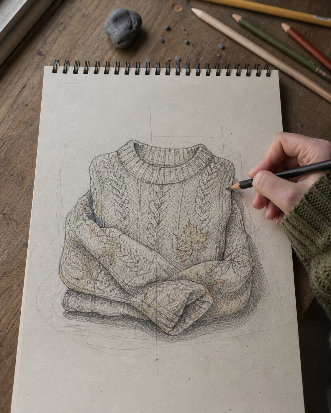 Generated cozy sweater sketchbook drawing A pencil sketch of a knitted sweater with leaf motifs in a spiral notebook, with a hand holding a pencil nearby on a wooden desk. | Sky Rye Design Cozy sweater drawing idea on a sketchbook page with cable knit texture, leaf motifs, and fall color pencils.