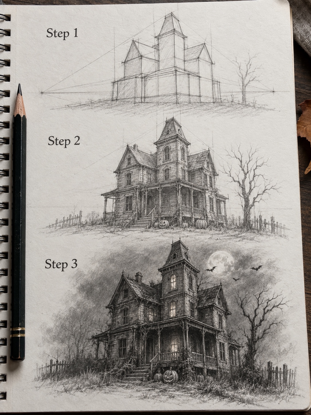 Haunted House Pencil Drawing Tutorial in 3 Steps Three-step realistic pencil drawing tutorial showing how to draw a haunted Victorian house with perspective guides and deep graphite shadows. | Sky Rye Design Three-step realistic pencil drawing tutorial showing how to draw a haunted Victorian house with perspective guides and deep graphite shadows.