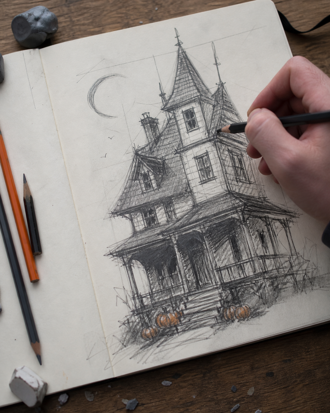 Generated Halloween haunted house sketchbook drawing Hand drawing a spooky Victorian mansion in a sketchbook, with pencils and an eraser nearby on a wooden table and small pumpkins at the bottom. | Sky Rye Design Halloween haunted house drawing idea on a sketchbook page with perspective guide lines and pumpkin accents.