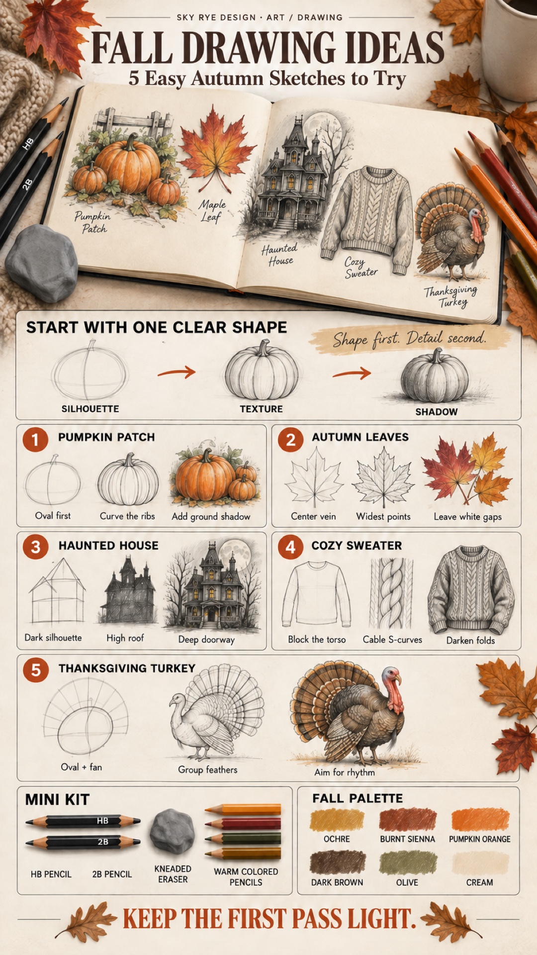 Fall Drawing Ideas Infographic 5 Easy Autumn Sketches Fall drawing ideas infographic showing five autumn sketch subjects, construction tips, drawing tools, and a warm seasonal color palette. | Sky Rye Design Fall drawing ideas infographic showing five autumn sketch subjects, construction tips, drawing tools, and a warm seasonal color palette.