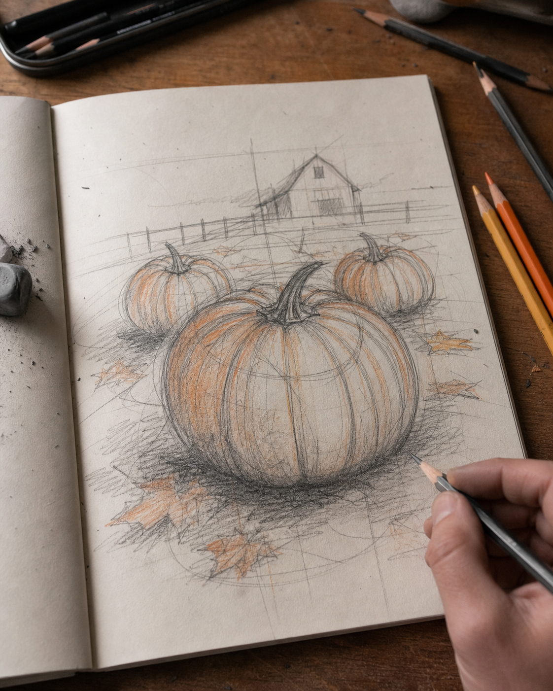 Generated pumpkin patch sketchbook drawing Fall drawing idea showing a pumpkin patch sketchbook page with graphite guide lines and muted autumn color. | Sky Rye Design Fall drawing idea showing a pumpkin patch sketchbook page with graphite guide lines and muted autumn color.