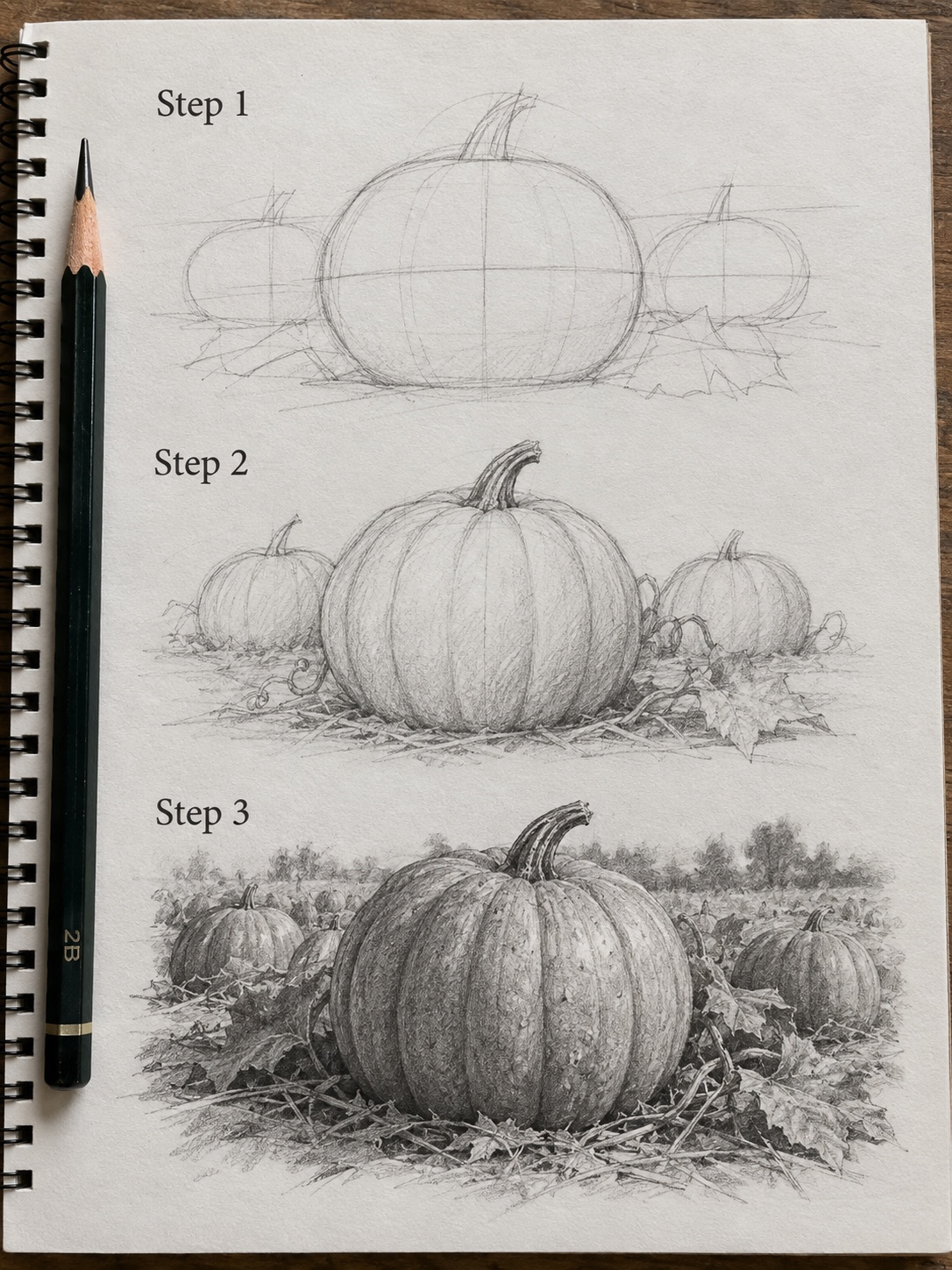 Pumpkin Patch Pencil Drawing Tutorial in 3 Steps Three-step realistic pencil drawing tutorial showing how to draw a pumpkin patch from construction lines to finished graphite shading. | Sky Rye Design Three-step realistic pencil drawing tutorial showing how to draw a pumpkin patch from construction lines to finished graphite shading.