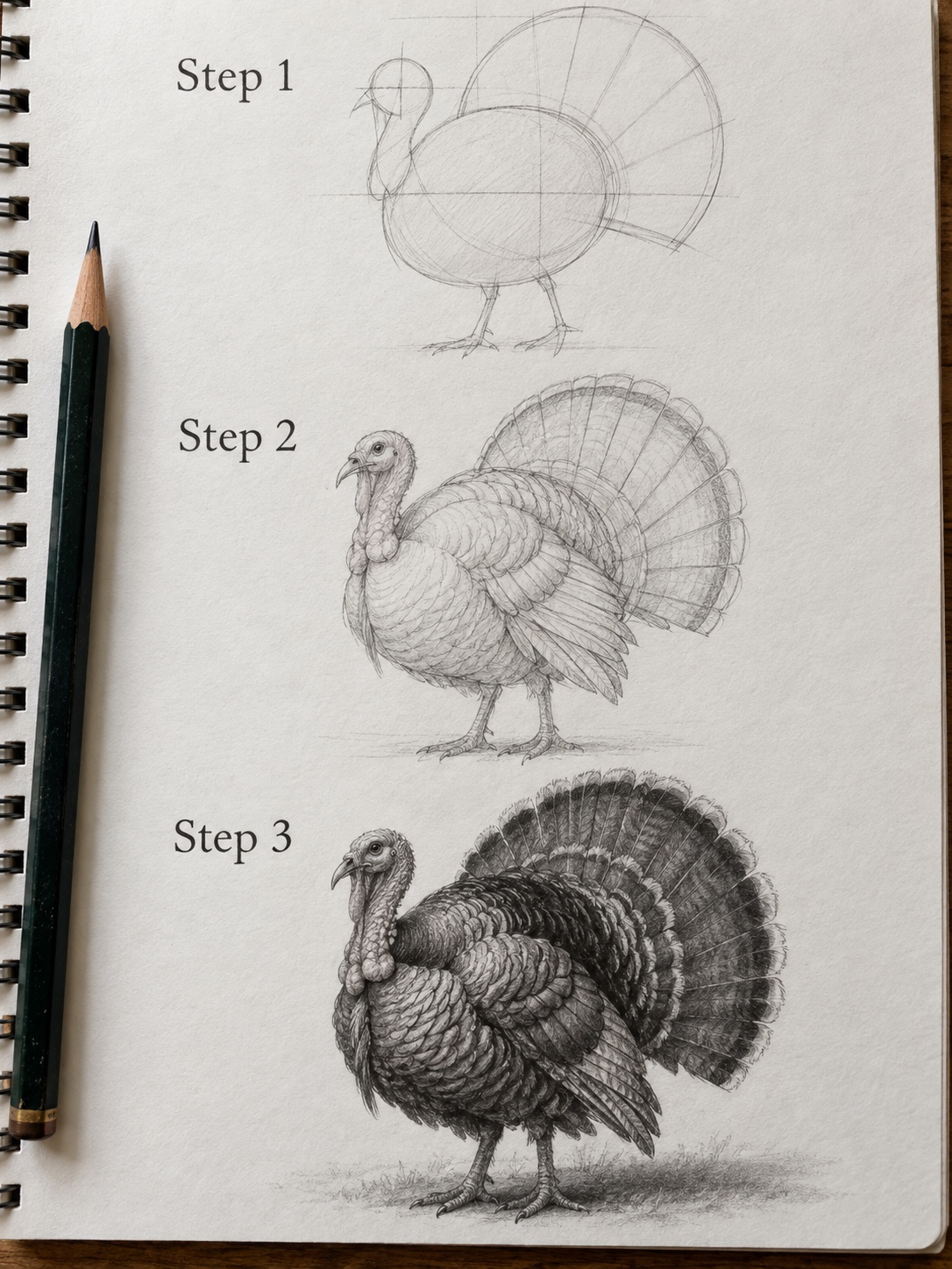 Thanksgiving Turkey Pencil Drawing Tutorial in 3 Steps Three-step realistic pencil drawing tutorial showing how to draw a Thanksgiving turkey from construction shapes to detailed graphite feathers. | Sky Rye Design Three-step realistic pencil drawing tutorial showing how to draw a Thanksgiving turkey from construction shapes to detailed graphite feathers.
