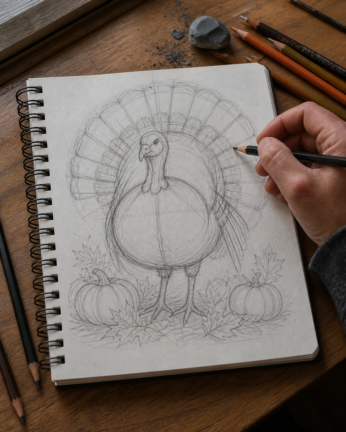 Generated Thanksgiving turkey sketchbook drawing Person sketching a turkey in a spiral notebook, with pumpkins and autumn leaves on the page and pencils nearby. | Sky Rye Design Thanksgiving turkey drawing idea on a sketchbook page with fan feathers, guide circles, pumpkins, and leaves.