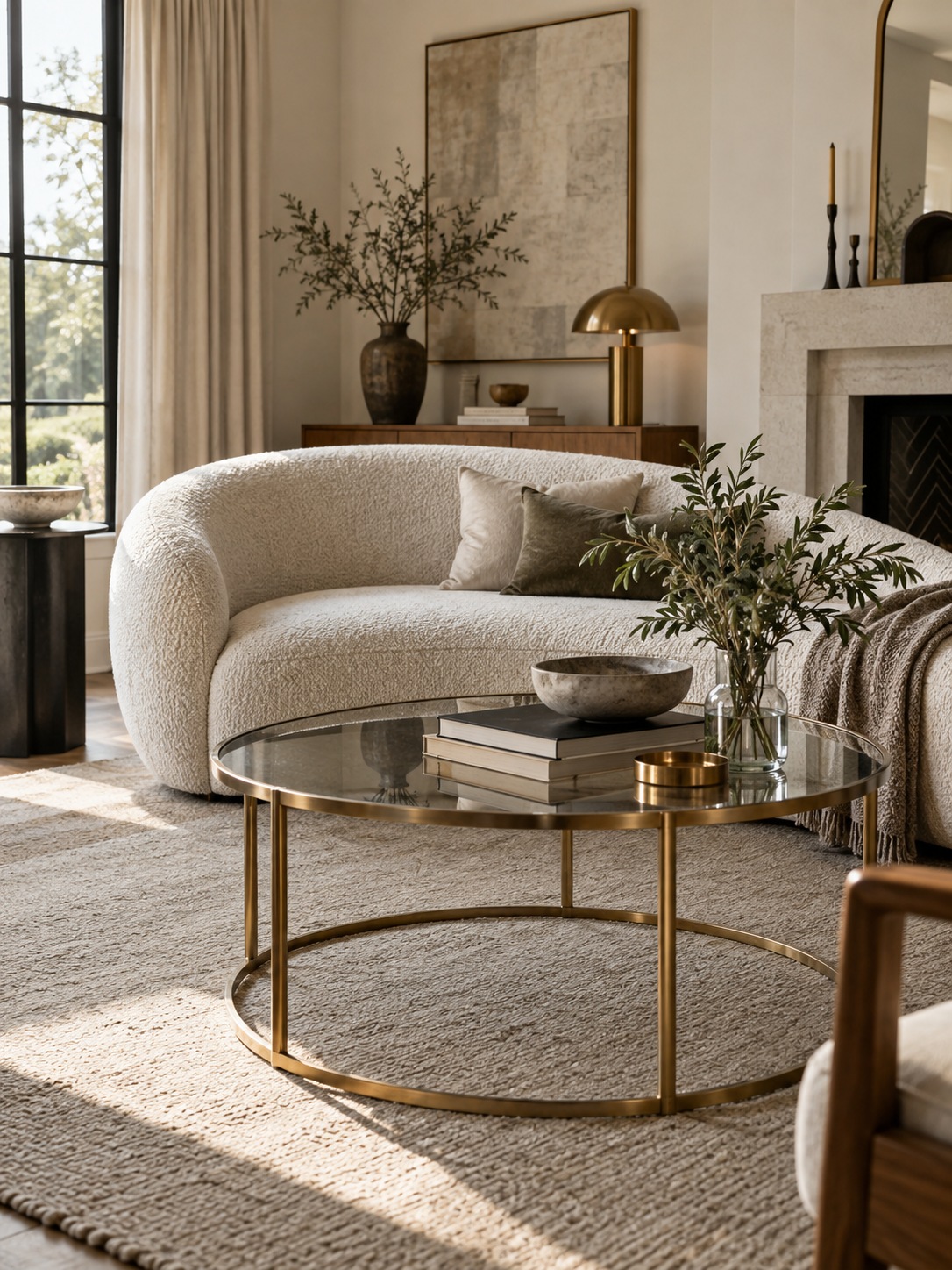 Boucle sofa with a brass and glass coffee table in an FF&E vignette