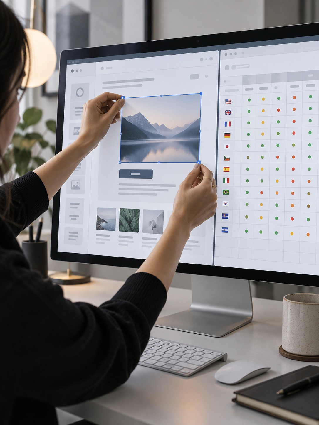 Figma Locale QA Matrix Designer adjusting a Figma layout while a locale QA matrix is open beside it | Sky Rye Design Designer adjusting a Figma layout while a locale QA matrix is open beside it