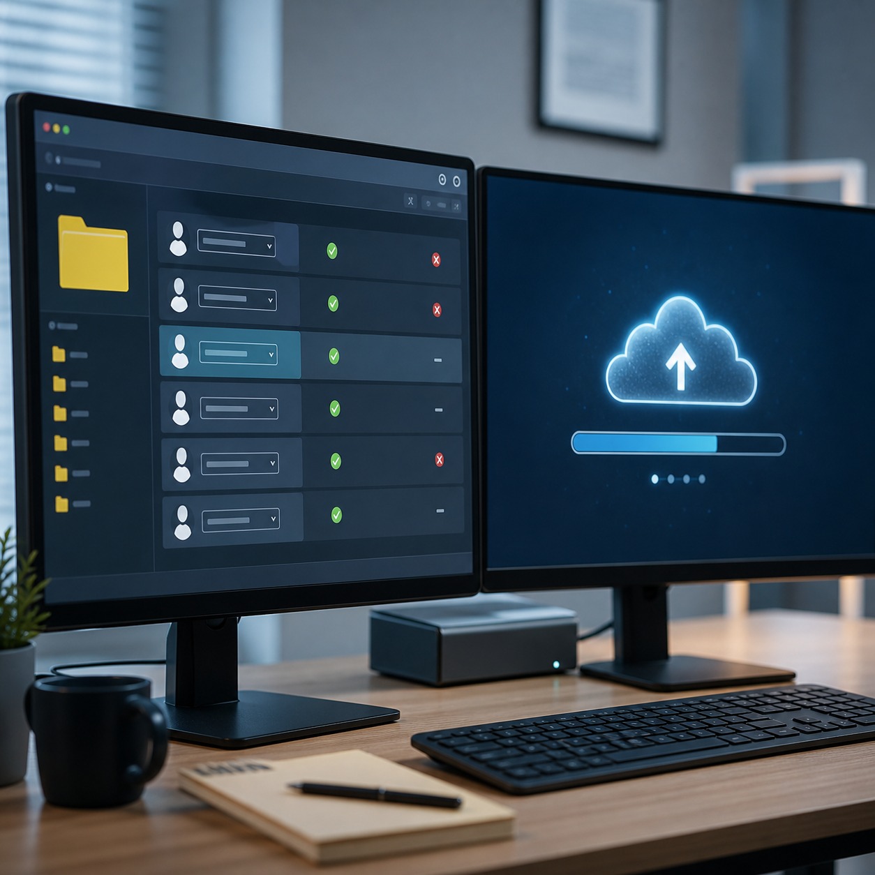 Two monitors showing file permissions and cloud backup progress in a design studio