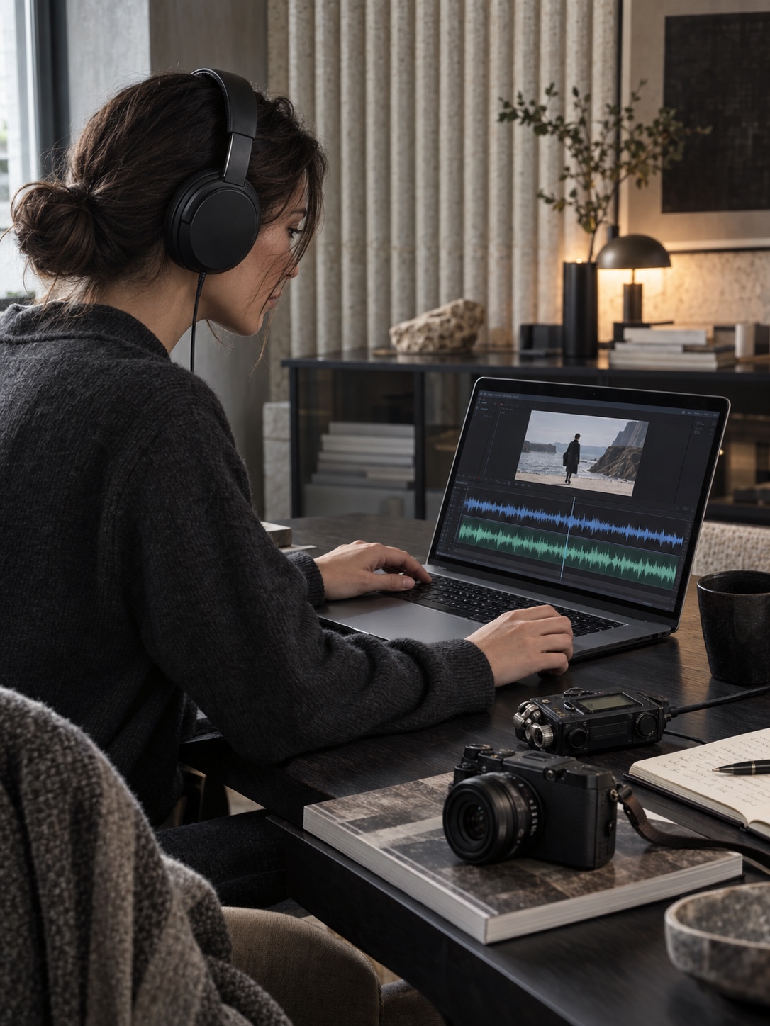 Filmora audio synchronization workflow Designer aligning camera audio and a field recorder waveform at a black oak desk | Sky Rye Design Designer aligning camera audio and a field recorder waveform at a black oak desk