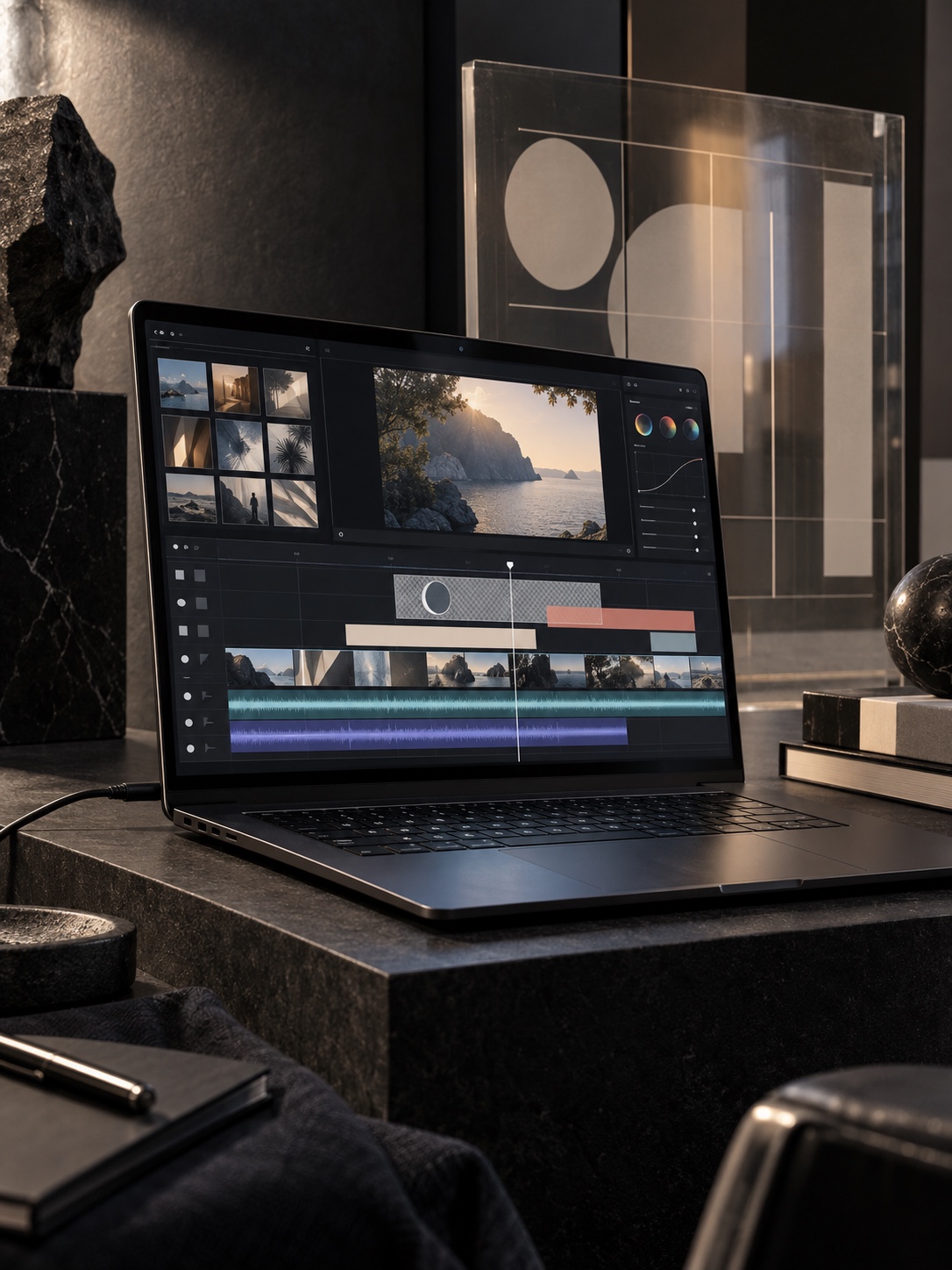 Multi-track video editing timeline Black laptop displaying an organized multi-track video editing timeline | Sky Rye Design Black laptop displaying an organized multi-track video editing timeline