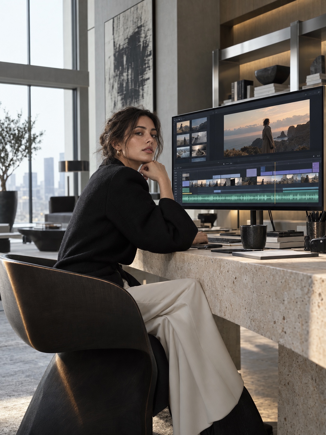 Filmora review for graphic designers Graphic designer editing a brand video in a refined travertine studio | Sky Rye Design Graphic designer editing a brand video in a refined travertine studio