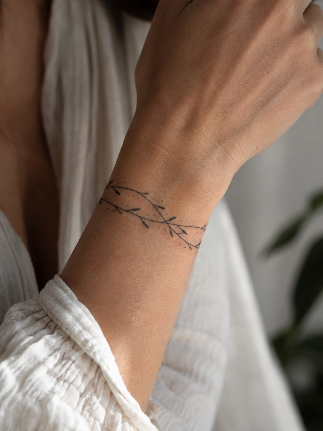Fine line band on a bent wrist A narrow band tattoo curves around a gently bent wrist | Sky Rye Design A narrow band tattoo curves around a gently bent wrist